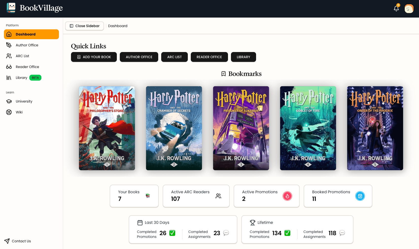 BookVillage Dashboard - Showing ARC team management, promotions, and reader assignments